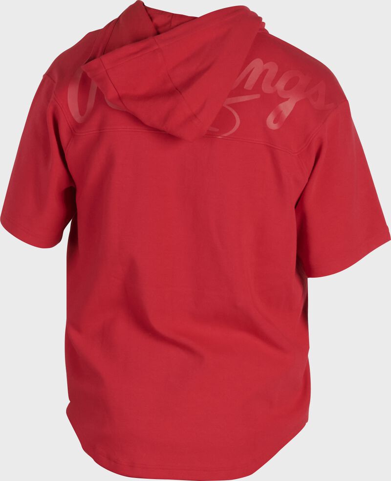 Back of a scarlet Rawlings Gold Collection short sleeve hoodie with a scarlet script Rawlings logo across the back - SKU: GJJ-S