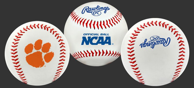 3 NCAA Clemson Tigers baseballs with a team logo, NCAA logo and Rawlings logo