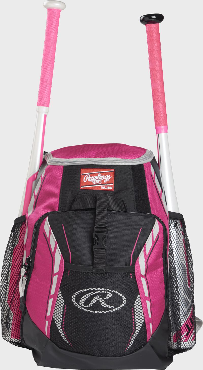 Front view of a Pink Rawlings Youth Players Team Backpack with two bats | SKU:R400-NPK