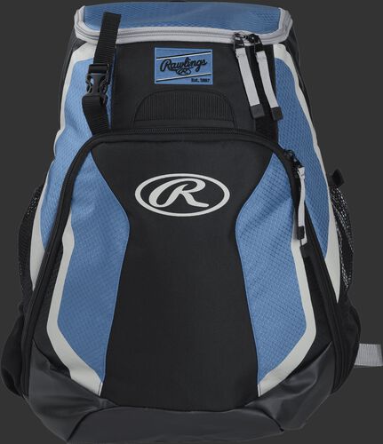 Front of a black/columbia blue R500 Rawlings Players team backpack with a Rawlings patch and white Oval R