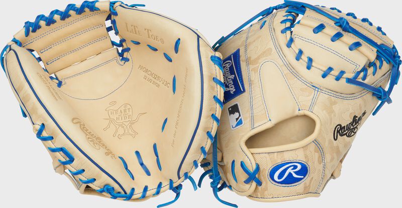 Two images showing the palm & back of a camel Heart of the Hide ContoUR Fit 32.5-Inch Catcher's Mitt