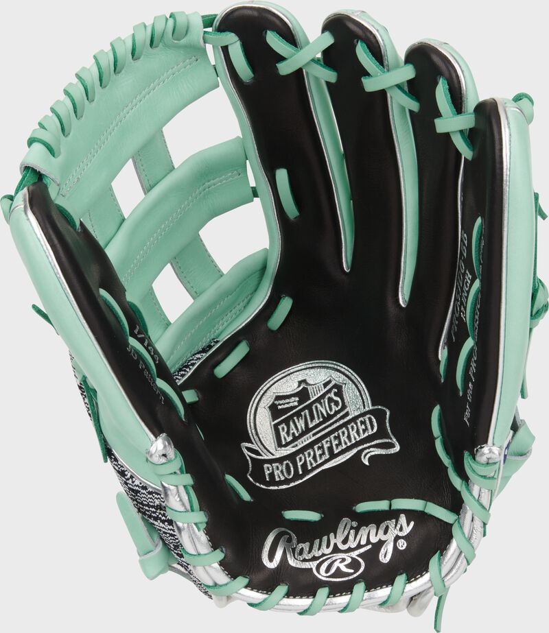 Black palm of a Rawlings Byron Buxton Gameday 57 glove with silver palm stamping and mint laces