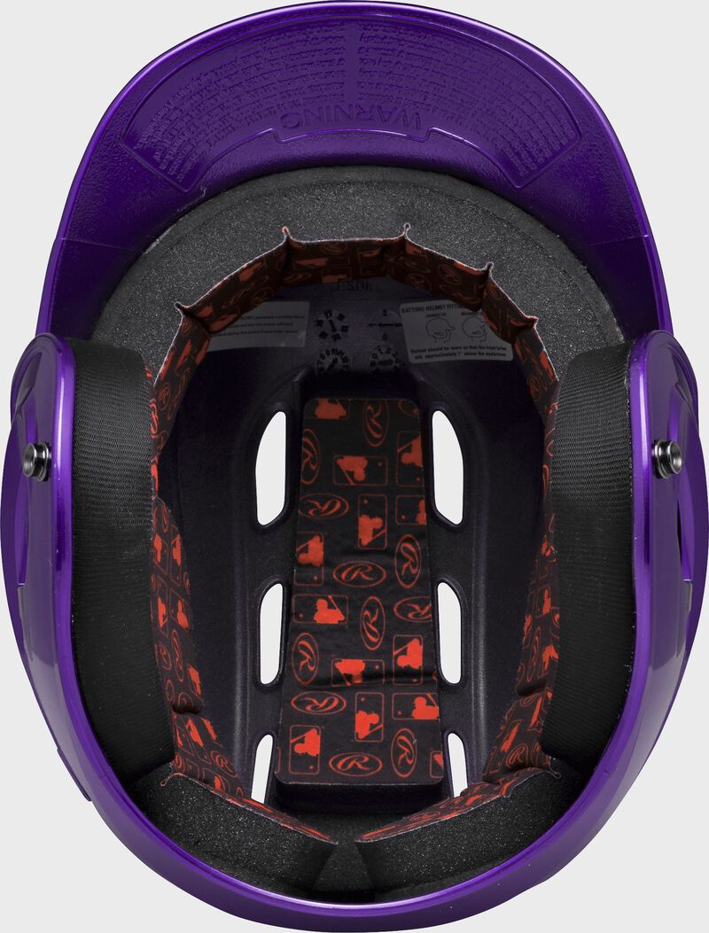Inside padding of a purple R16S senior size Velo batting helmet