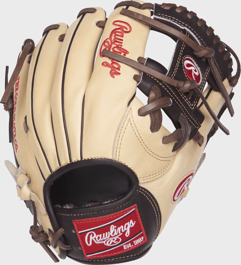 Back view of a Rawlings PROSNP4-2CMO 11.5-inch Pro Preferred I web glove with a camel kip leather back