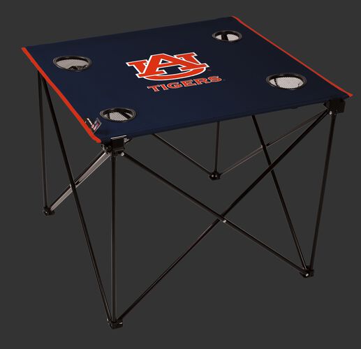 A navy NCAA Auburn Tigers deluxe tailgate table with four cup holders and team logo printed in the middle SKU #00713003111
