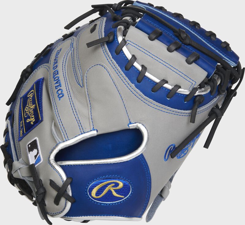 Gray back of a Rawlings 33" Heart of the Hide R2G catcher's mitt with a royal Oval-R on the wrist - SKU: RSGPRORCM33GR