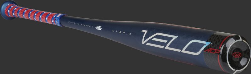 Angle view of a limited edition BBCOR Velo ACP hybrid bat with a blue barrel & carbon composite end cap – SKU: BBVRWB