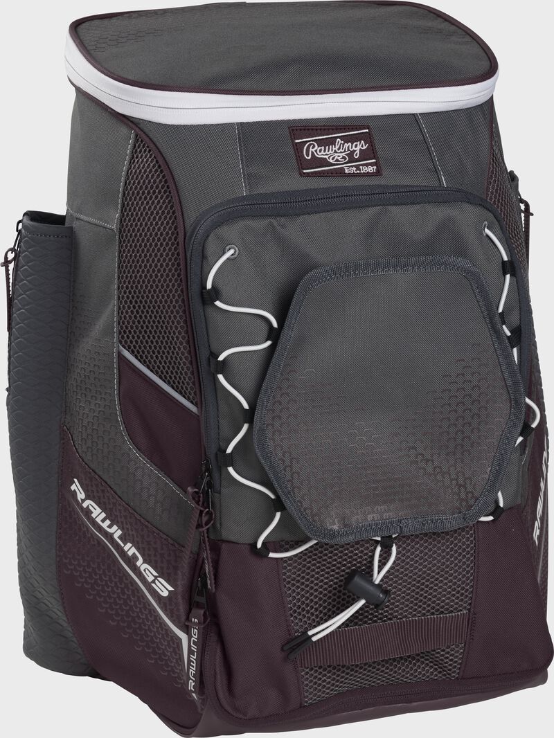 Front left angle of a maroon Rawlings Impulse bag with gray accents - SKU: IMPLSE-MA