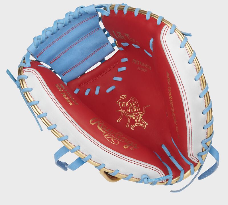Scarlet palm of a Yadier Molina pattern HOH catcher's mitt with a columbia blue web and white trim - SKU: PROYM4SCB