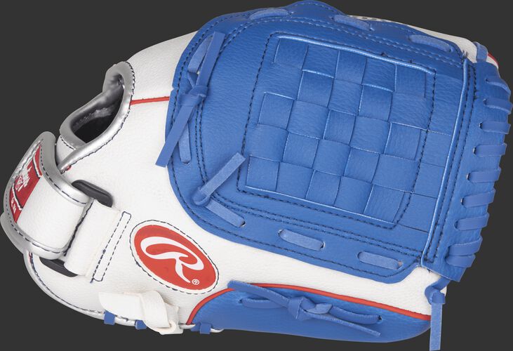 Thumb view of a white PL110WNS Players Series 11-inch youth glove with navy trim and a navy Basket web