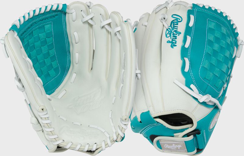 Two images showing the palm & back of a white/teal Shut Out 12.5-inch Fastpitch Softball Glove loading=