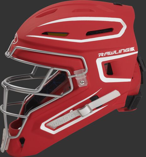 Left side of a scarlet CHMCHS Rawlings senior hockey style Mach catcher's helmet