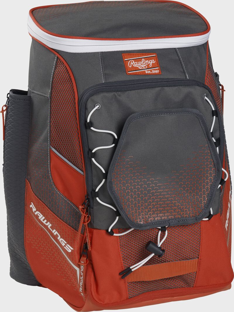 Front left angle of an orange Rawlings Impulse bag with gray accents - SKU: IMPLSE-BO