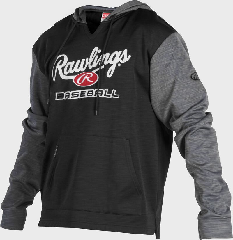 A black Rawlings adult long sleeve hoodie with a Rawlings log on the chest and heather gray sleeves - SKU: PFH2PRBB-B/GR