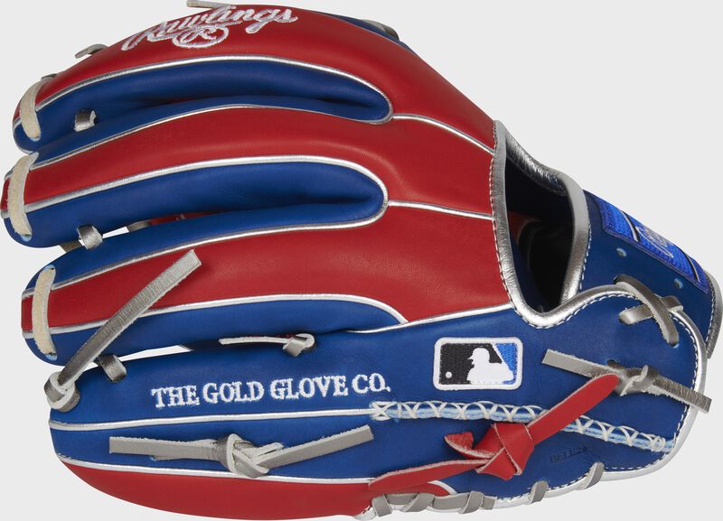 Pinky back view of royal, scarlet, and platinum 2021 Exclusive Heart of the Hide R2G infield glove