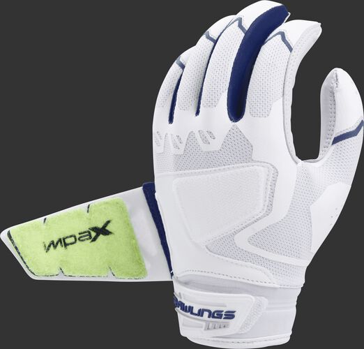 Back of a white/navy FPWPBG-N Workhorse batting glove with the Impax pad