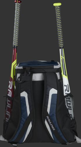 Back of a black/navy R500 team backpack with two bats in the side sleeves