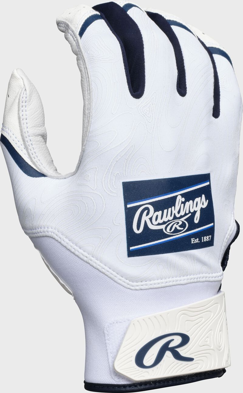 Back of a navy Clout batting glove