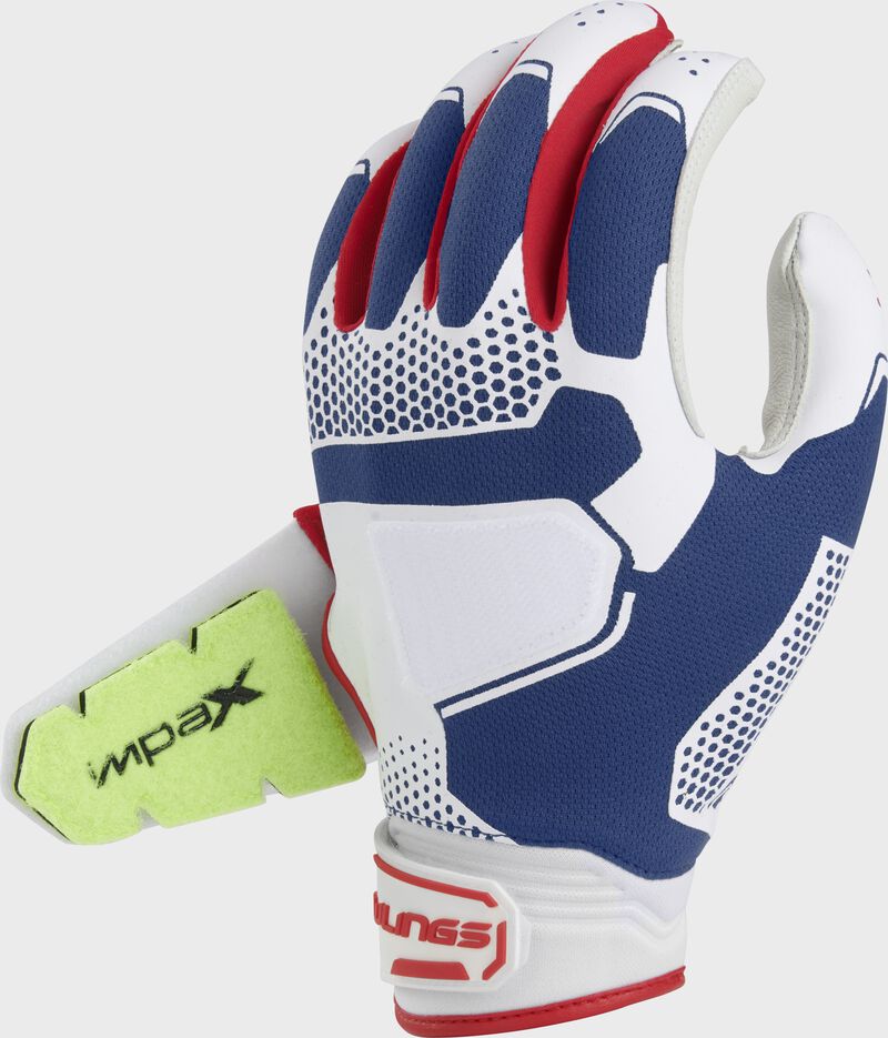 Back of a USA fastpitch workhorse pro batting glove with the back strap open - SKU: FP2PBG-USA loading=