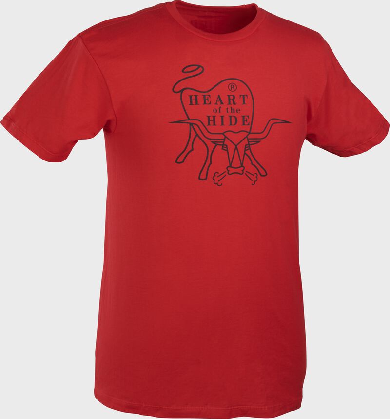 A scarlet Rawlings Heart of the Hide short sleeve shirt with the HOH logo printed in black