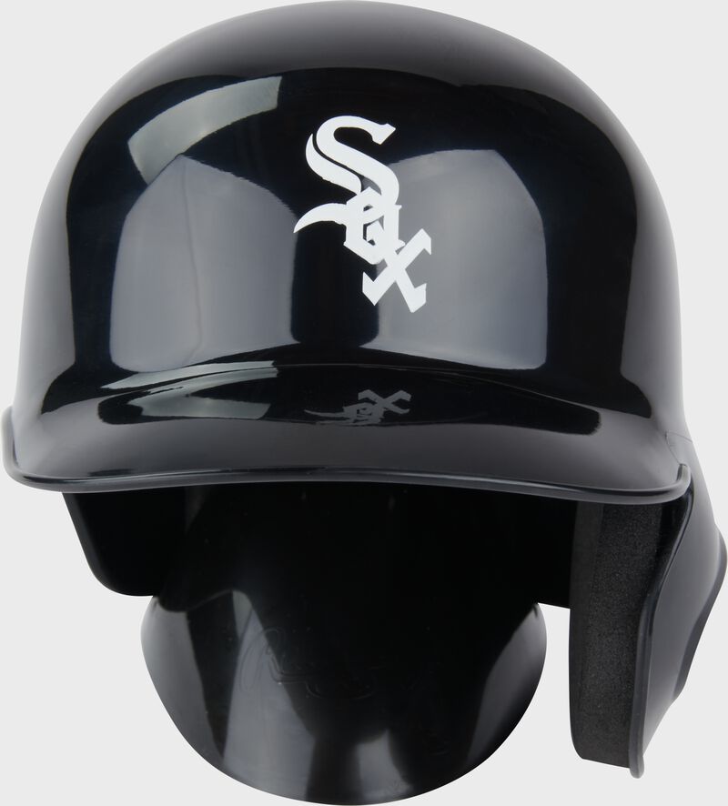 Front of a black Chicago White Sox mini replica helmet loading=