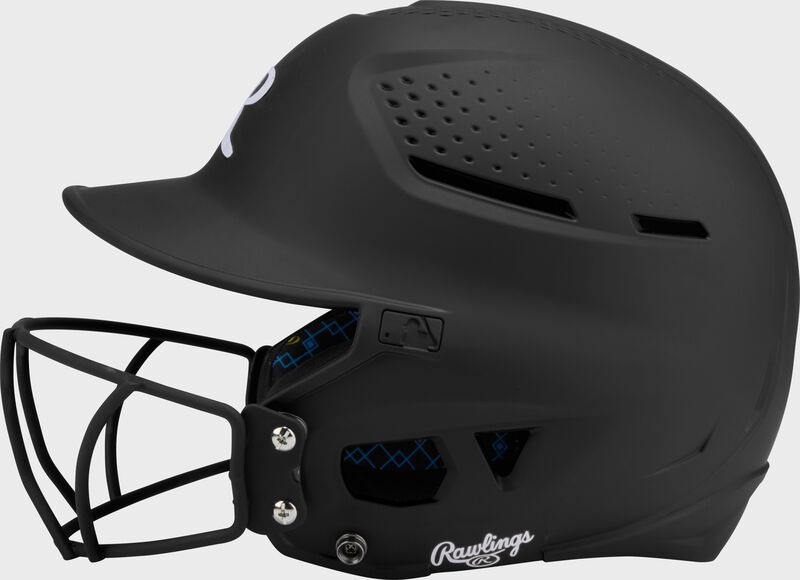 Left side of a black Rawlings RX2 fastpitch batting helmet loading=