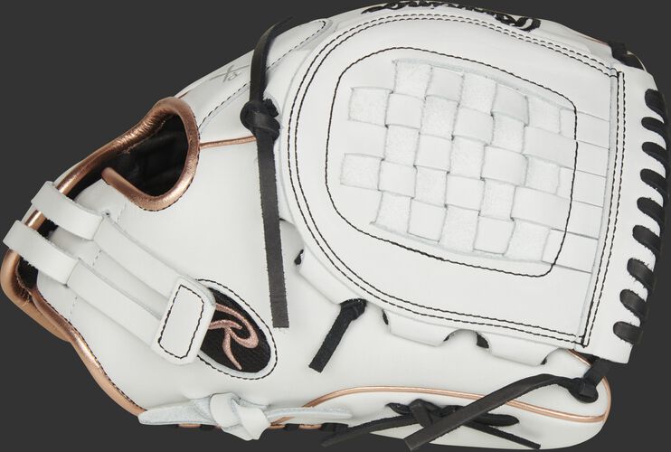 Thumb of a white RLA120-3RG Liberty Advanced 12-inch infield/pitcher's glove with a white Basket web