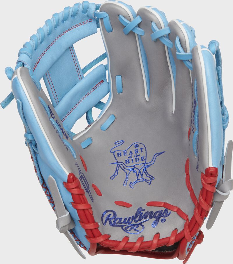 Gray palm of a Rawlings Heart of the Hide R2G infield glove with royal stamping and Columbia blue/scarlet laces - SKU: RSGPROR204W-2GCB