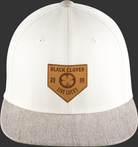 Front of a white Rawlings Black Clover hat with a grey flat bill and leather patch home plate logo - SKU: BC0LPF0071