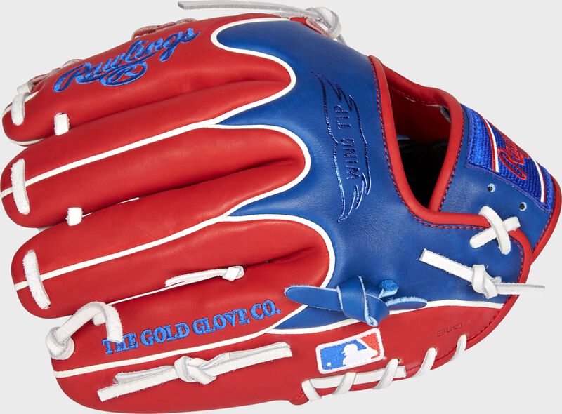 Pinky back view of royal, scarlet, and platinum 2021 Texas Rangers Heart of the Hide glove