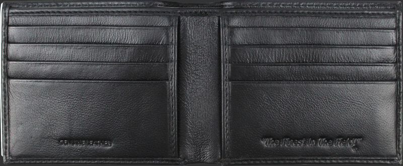 Inside of a black MW485-001 Rawlings bi-fold wallet with multiple credit card slots on each side