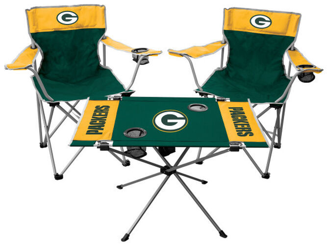 Front of Rawlings Green and Yellow NFL Green Bay Packers 3-Piece Tailgate Kit With Two Kickoff Chairs, An Endzone Table, And A Transport Bag With Team Logo SKU #01041068511