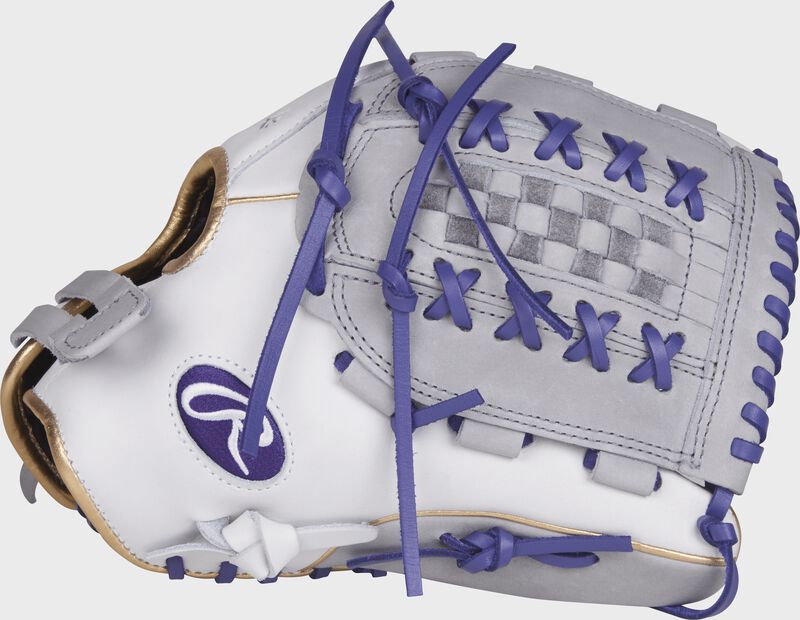 RLA125-18WPU Liberty Advanced Color Series 12.5-inch fastpitch glove with a white/grey thumb and grey Double-Laced Basket web