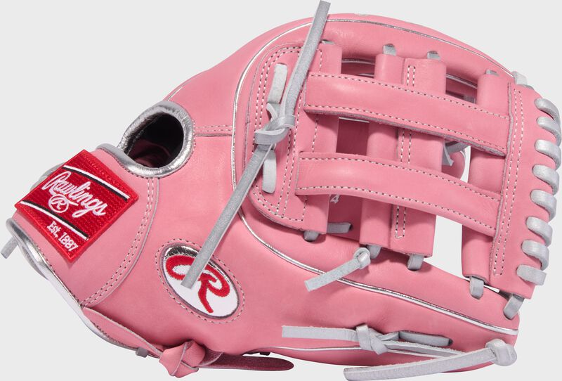 Thumb of a pink Gameday 57 Series Carlos Correa Heart of the Hide glove with a pink H-web and platinum Oval-R