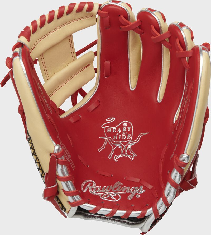 Scarlet palm of a Heart of the Hide R2G 11.5-inch glove with scarlet laces and gold stamping - SKU: PROR314-2SC