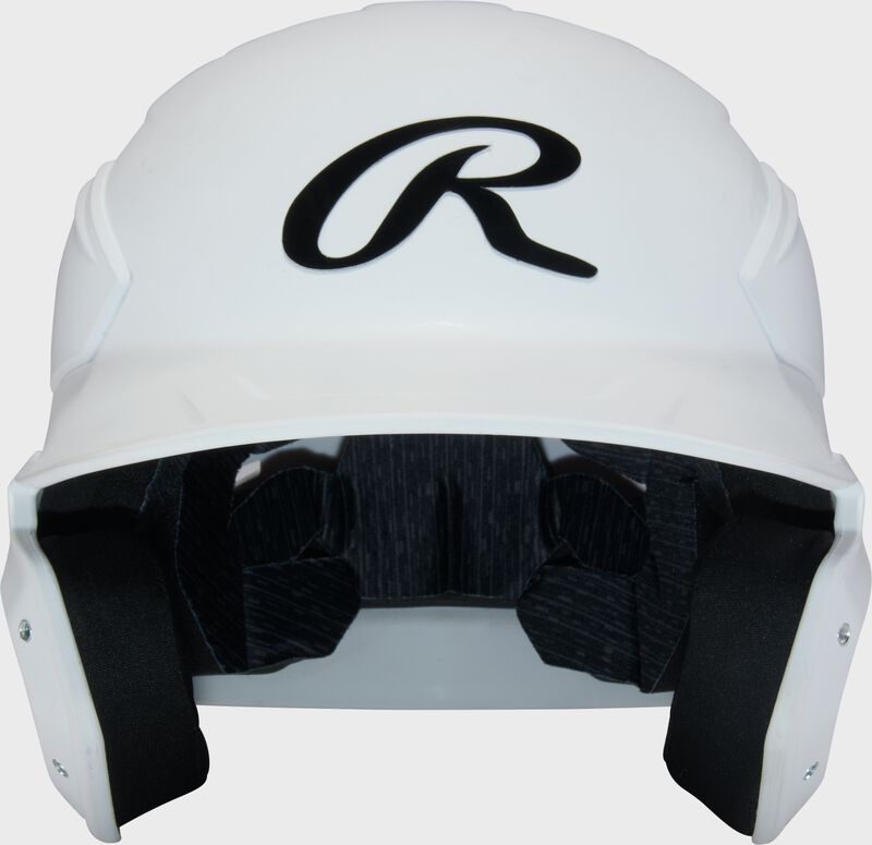 Front of a white Rawlings Mach-X Max Performance batting helmet
