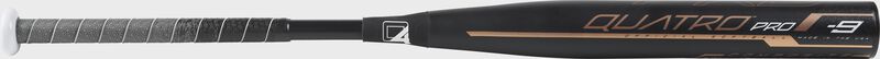 Barrel of a black FPQP9 Quatro Pro college/high school softball bat with black/grey grip