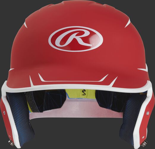 Front of a matte scarlet/white MACH senior size batting helmet