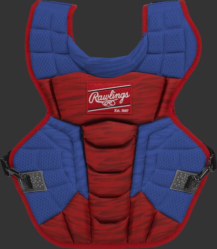A scarlet/royal CPV2N Rawlings Velo 2.0 intermediate chest protector with a striped pattern