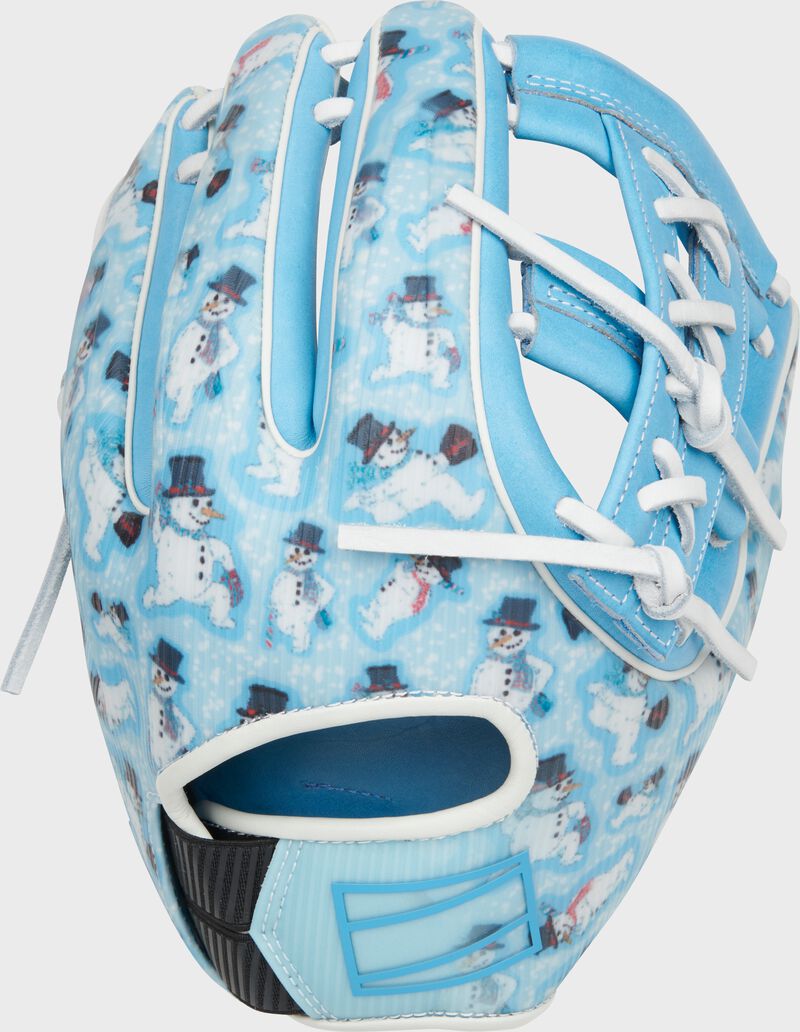 Snowman sublimated design back of a Rawlings exclusive snowman REV1X infield glove - SKU: REV205-32CBW