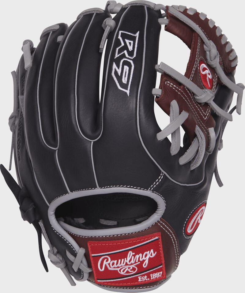 Back view of a R9314-2BSG 11.5-inch R9 Series infield glove with a black back and grey double-welting