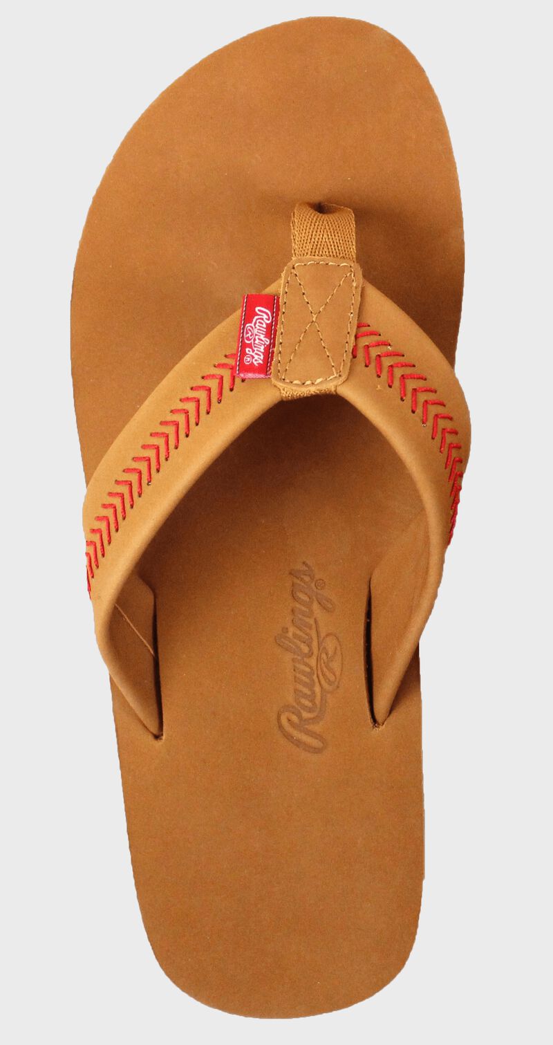 Rawlings Women's Baseball Stitch Nubuck Brown Leather Sandals With Red Baseball Stitch and Brand Name SKU #P-RF50002-101