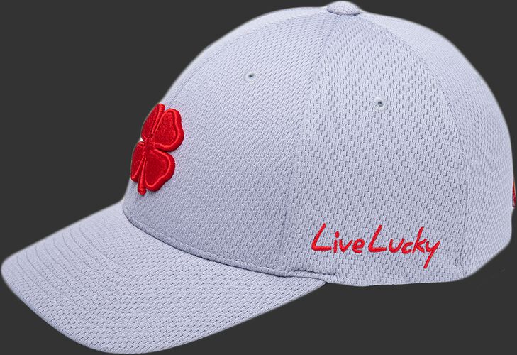 Side of a gray Rawlings Black Clover 'The Shift' fitted hat with "Live Lucky" on the side in red - SKU: BCR1TS0071