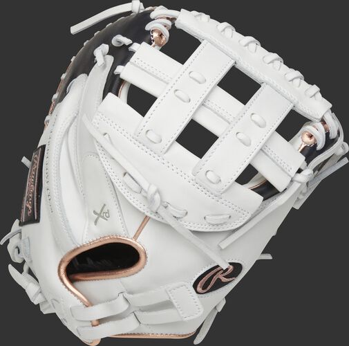 Back of a white Liberty Advanced 33-Inch catcher's mitt with a Pull Strap back - SKU: RLACM33RG
