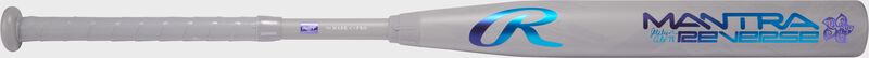 A gray 2025 Rawlings Mantra Reverse Alo Edition fastpitch softball bat