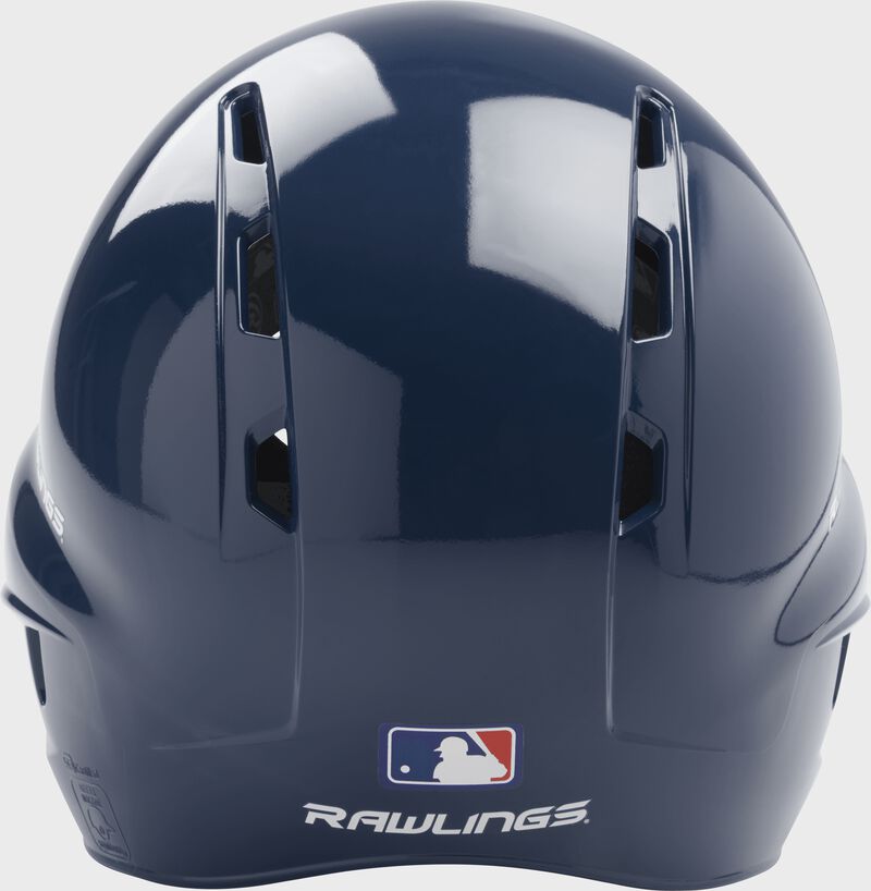 Back of a navy Rawlings t-ball helmet with the MLB logo on the bottom - SKU: MODMLTBFG-N