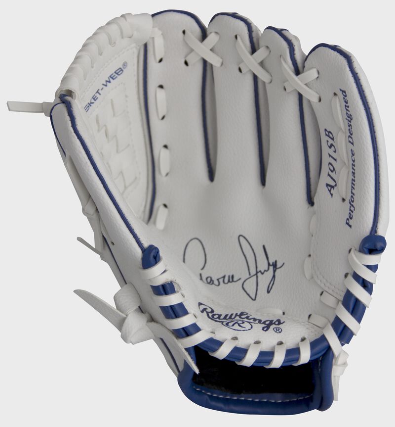 Shell palm view of navy and white Rawlings MLBPA 9-inch Aaron Judge Player glove
