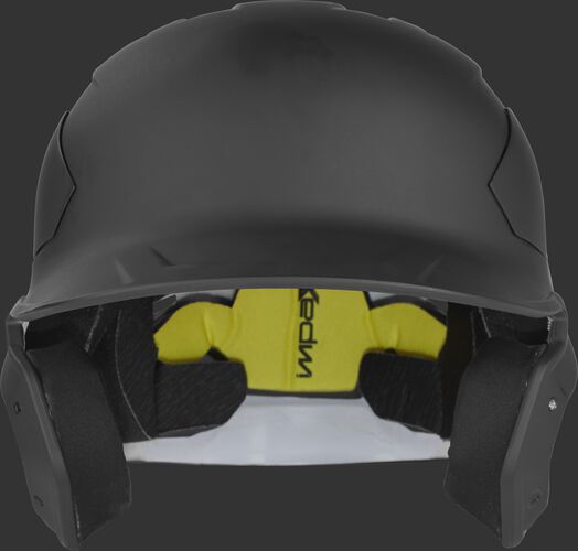Front of a matte black CAR07A Rawlings MACH Carbon batting helmet