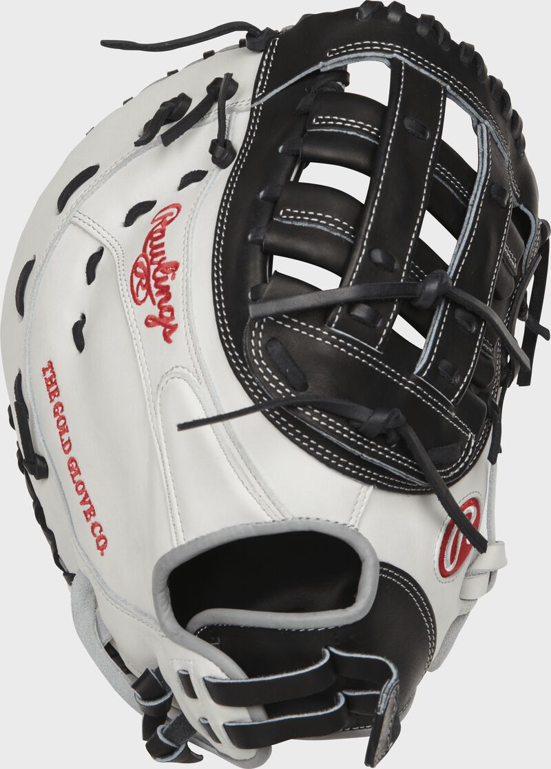 PROFM19SB-17BW 13-inch Heart of the Hide softball first base mitt with a white back and Pull-Strap back design