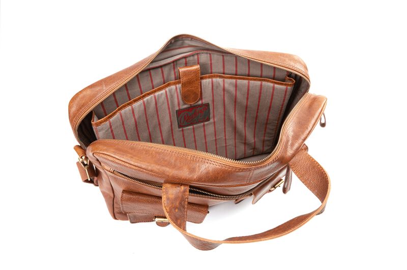 Inside of a Rawlings rugged briefcase with grey/red striped lining - SKU: V609-202 loading=